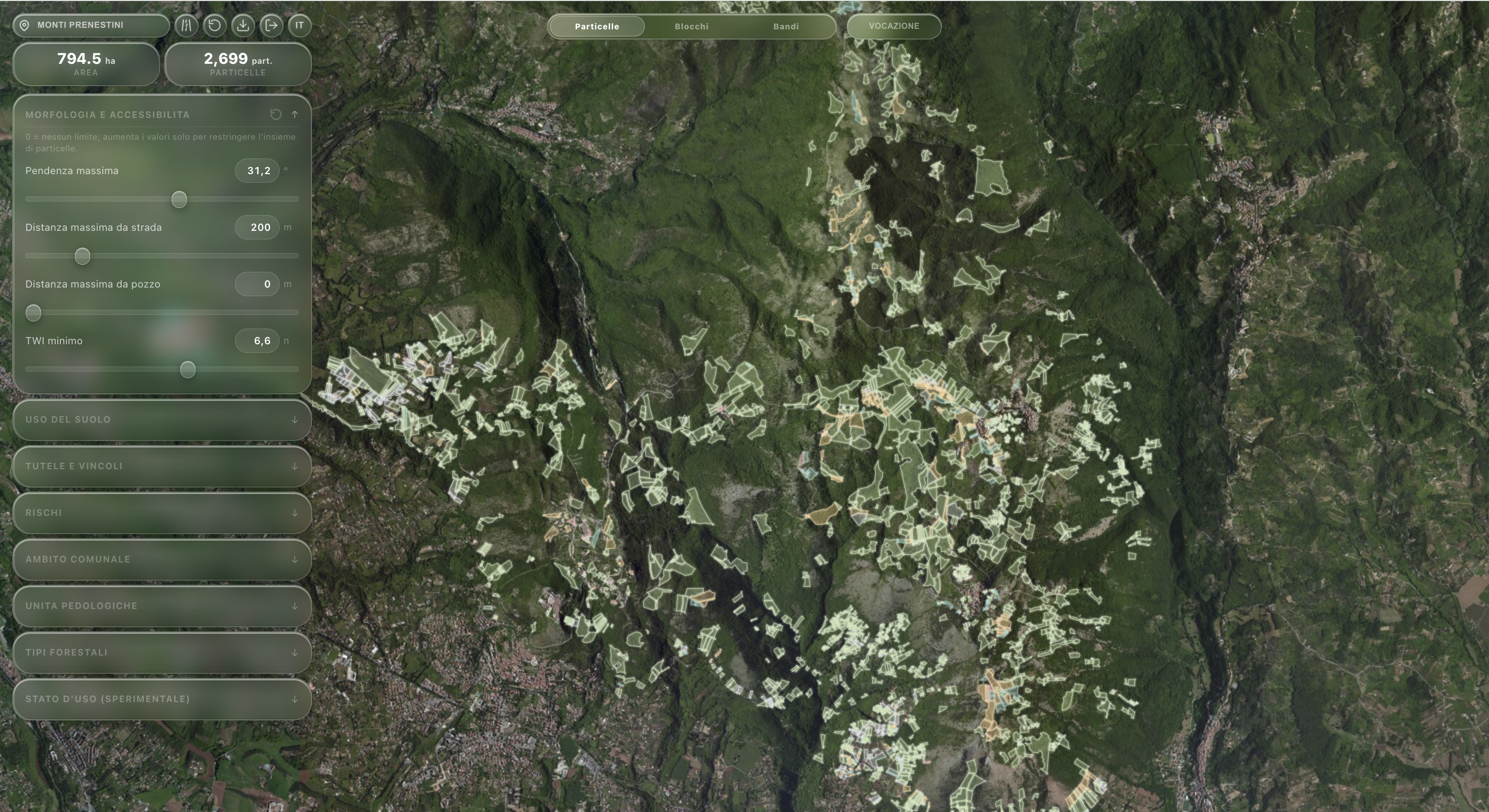Land Explorer map interface with parcel intelligence over the Monti Prenestini territory